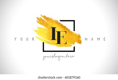 IE Golden Letter Logo Design with Creative Gold Brush Stroke and Black Frame.
