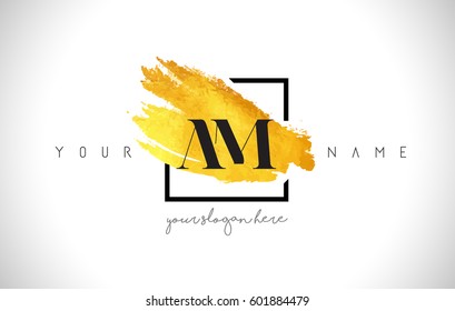 AM Golden Letter Logo Design with Creative Gold Brush Stroke and Black Frame.