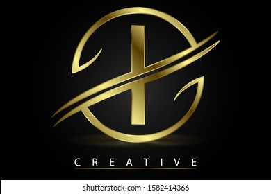 I Golden Letter Logo Design Vector Illustration with Circle Swoosh and Gold Metal Texture. Creative Metallic Letter for Company Name, Label, Icon, Cover, Emblem, Print, Textile, Card or Web Page.