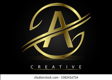 A Golden Letter Logo Design Vector Illustration with Circle Swoosh and Gold Metal Texture. Creative Metallic Letter for Company Name, Label, Icon, Cover, Emblem, Print, Textile, Card or Web Page.