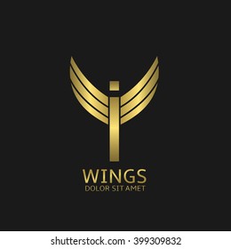 Golden I letter logo template with golden wings