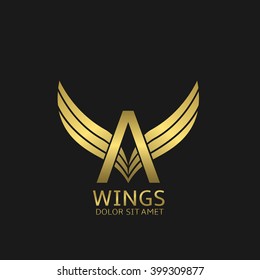 Golden A letter logo template with golden wings