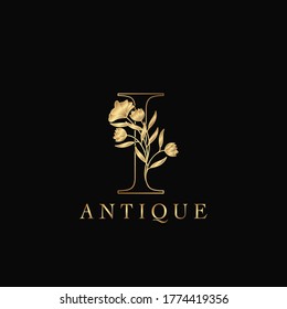 Golden Letter I Luxury Flowers Initial Logo Template Design. Monogram antique ornate nature floral leaf with initial letter.