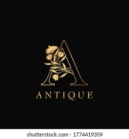 Golden Letter A Luxury Flowers Initial Logo Template Design. Monogram antique ornate nature floral leaf with initial letter.