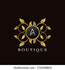 Golden A Letter Luxury Frame Boutique Initial Logo Icon, Elegance logo letter design template for luxuries business, boutique, fashion, and more business identity