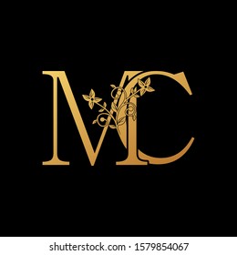 Golden Letter M, C, MC Luxury  Logo Icon, vintage design concept floral leaves with letter M and C, MC gold color for initial, luxuries business, hotel, wedding service and more brand identity.