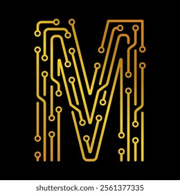 Golden Letter M with Electronic Circuit Lines and Dots on a Black Background, Suitable for Technology and Communication Concepts