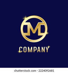 Golden Letter M. Emblem Alphabet Logo Design Template