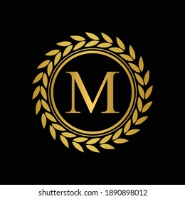 Golden Letter M laurel wreath template logo Luxury gold letter with crown. Monogram alphabet . Beautiful royal initials letter.	