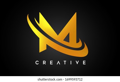 Golden Letter M Logo. M Letter Design Vector with Golden Gray Swash Vector Illustration.