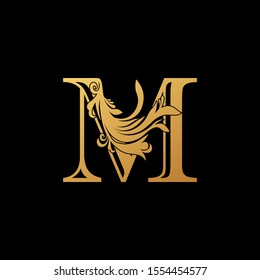 Golden Letter M Luxury  logo.  Design concept vintage  luxury classy gold monocrome leaves with letter logo icon best for initial, luxury, boutique, restaurant, wedding service, hotel.