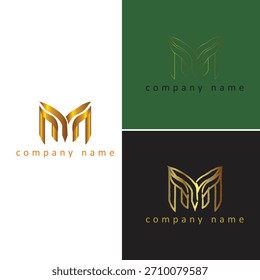 Golden letter m monogram logo design set with variations on white, green, and black backgrounds for branding.