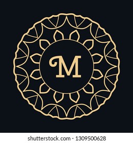 Golden letter M and round ornament, monogram frame border, line art icon. Vector floral geometric motif. Isolated design element for brochure, invitation or business card, logo, emblem. Gold and black