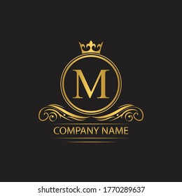 Golden letter M template  logo Luxury letter with crown.  Monogram alphabet . Beautiful royal initials letter.