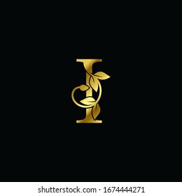 Golden I Letter  Minimalist Luxury Initial Nature Tropical Leaf logo Icon  vector design.