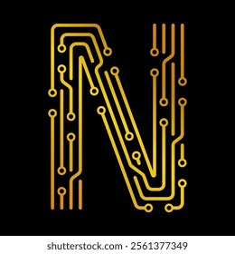 Golden Letter N with Electronic Circuit Lines and Dots on a Black Background, Suitable for Technology and Communication Concepts