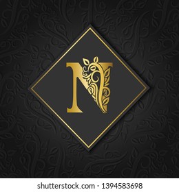 Golden letter N with elegant floral contour isolated on colorful separate background. Premium letter N or background great for logo, monogram, invitation, flyer, menu, brochure, card, cover, fashion.