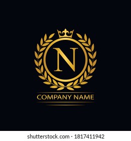 Golden Letter N laurel wreath template logo Luxury gold letter with crown. Monogram alphabet . Beautiful royal initials letter.	