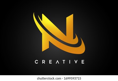 Golden Letter N Logo. N Letter Design Vector with Golden Gray Swash Vector Illustration.