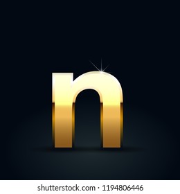 Golden letter N lowercase. Vector font isolated on black background