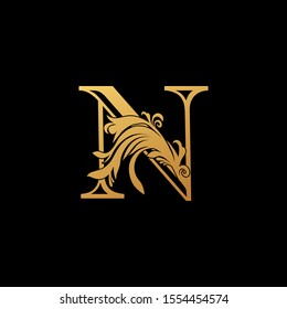 Golden Letter N Luxury  logo.  Design concept vintage  luxury classy gold monocrome leaves with letter logo icon best for initial, luxury, boutique, restaurant, wedding service, hotel.