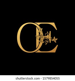 Golden Letter O, E, OE Luxury  Logo Icon, vintage design concept floral leaves with letter O and E, OE gold color for initial, luxuries business, hotel, wedding service and more brand identity.