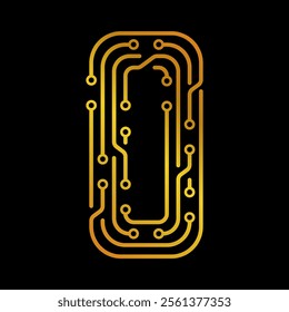 Golden Letter O with Electronic Circuit Lines and Dots on a Black Background, Suitable for Technology and Communication Concepts