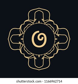 Golden letter O and round ornament, monogram frame border, line art icon. Vector linear floral geometric motif. Isolated design element for brochure, invitation card, logo, emblem. Gold and black