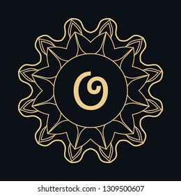 Golden letter O and round ornament, monogram frame border, line art icon. Vector floral geometric motif. Isolated design element for brochure, invitation or business card, logo, emblem. Gold and black