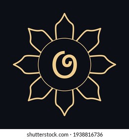 Golden letter O and round ornament, monogram frame border, line art icon. Vector floral geometric motif. Isolated design element for brochure, invitation or business card, logo, emblem. Gold and black