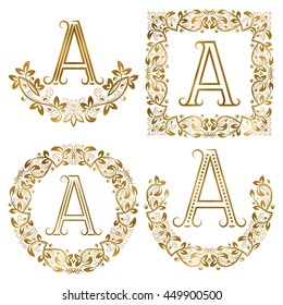 Golden A letter ornamental monograms set. Heraldic symbols in wreaths, square and round frames.