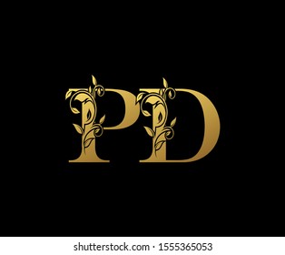 Golden letter P , D and PD  Vintage Gold Floral Logo Icon, overlapping monogram logo, elegant luxury gold color on black background. CLassy Letter Logo Icon.