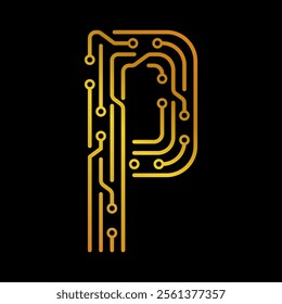 Golden Letter P with Electronic Circuit Lines and Dots on a Black Background, Suitable for Technology and Communication Concepts