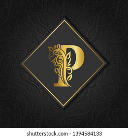 Golden letter P with elegant floral contour isolated on colorful separate background. Premium letter P or background can use separately. Great for logo, monogram, invitation, flyer, menu, brochure