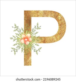 Golden letter P of the English alphabet with a watercolor bouquet of tropical leaves and flowers. Hand-drawn vector illustration