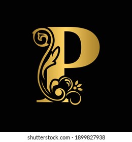 golden  letter P. flower  letters. Vintage ornament initial Alphabet. Logo vector 
