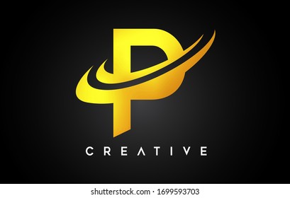 Golden Letter P Logo. P Letter Design Vector with Golden Gray Swash Vector Illustration.