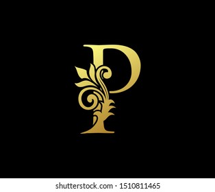 Golden Letter P Logo Icon . Initial Letter P Design Vector Luxury Gold Color.Print monogram initials stamp sign symbol.
