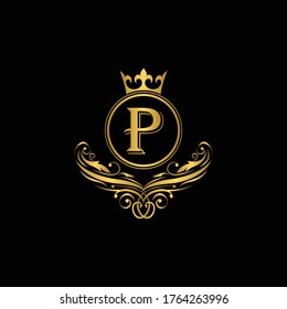 Golden letter P logo Luxury letter with crown.  Monogram alphabet . Beautiful royal initials letter. template logo for design 
