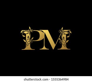 Golden letter P , M and PM  Vintage Gold Floral Logo Icon, overlapping monogram logo, elegant luxury gold color on black background. CLassy Letter Logo Icon.