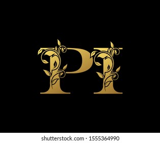 Golden letter P , I and PI  Vintage Gold Floral Logo Icon, overlapping monogram logo, elegant luxury gold color on black background. CLassy Letter Logo Icon.