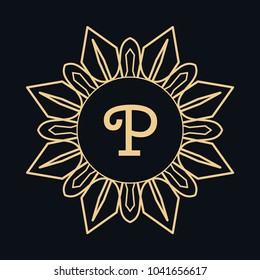 Golden letter P and round ornament, monogram frame border, line art icon. Vector linear floral geometric motif. Isolated design element for brochure, invitation card, logo, emblem. Gold and black