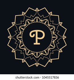Golden letter P and round ornament, monogram frame border, line art icon. Vector linear floral geometric motif. Isolated design element for brochure, invitation card, logo, emblem. Gold and black