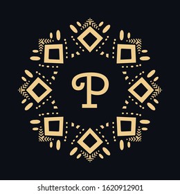 Golden letter P and round ornament, monogram frame border, line art icon. Vector floral geometric motif. Isolated design element for brochure, invitation or business card, logo, emblem. Gold and black