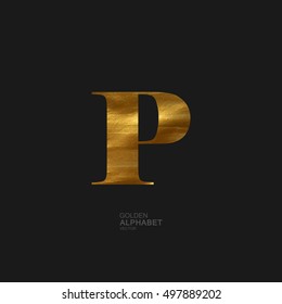 Golden Letter P. Typographic vector element for design. Part of glow golden painted alphabet. Letter P with golden paint texture. Vector illustration