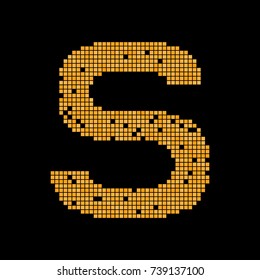 Golden letter pixel S on black background. Alphabet  vector hi tech design. Pixel digital art.
