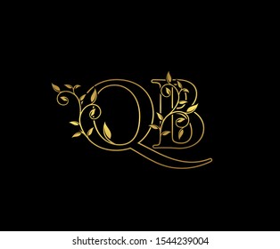 Golden letter Q, B and QB Vintage Gold Floral Logo Icon, overlapping monogram logo, elegant luxury gold color on black background. Classy Letter Logo Icon.