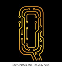 Golden Letter Q with Electronic Circuit Lines and Dots on a Black Background, Suitable for Technology and Communication Concepts