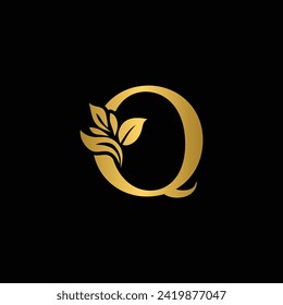 golden letter Q flower letters. Vintage ornament initial Alphabet. Logo vector	