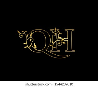 Golden letter Q, H and QH Vintage Gold Floral Logo Icon, overlapping monogram logo, elegant luxury gold color on black background. Classy Letter Logo Icon.